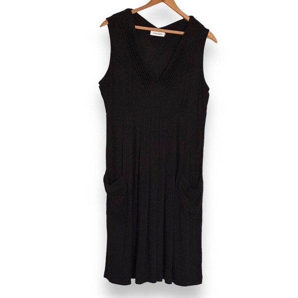 Calvin Klein Sleeveless Black A Line Rayon V Neck Size Medium Front Pockets - Picture 1 of 8